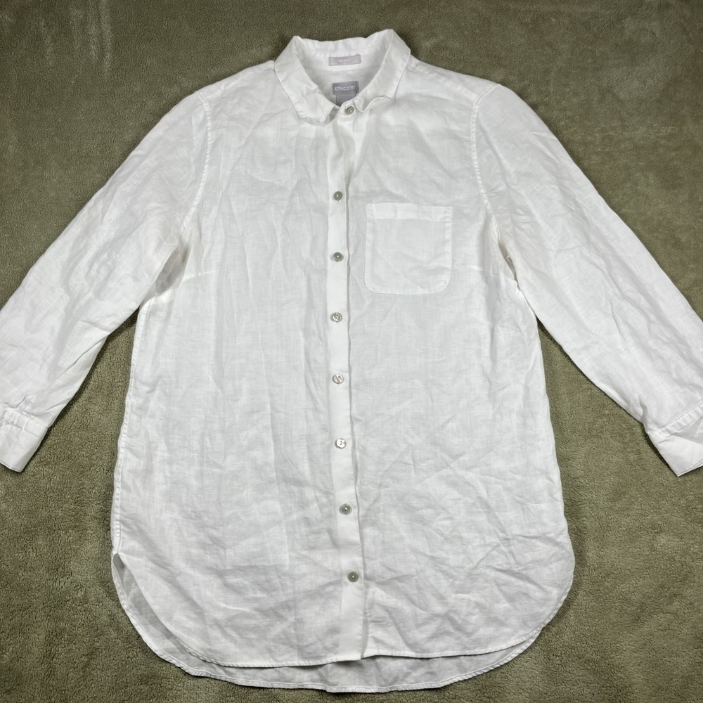 Chicos 100% Linen Long Sleeve Button Up Top Sz 1 (8-10) Coastal Breathable Light